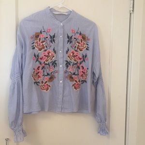 Zara striped floral button-down shirt